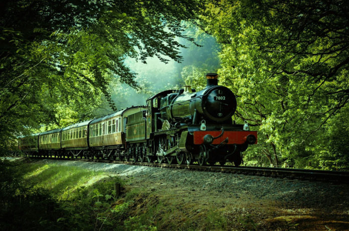 Train Travel Old steam train going through forest