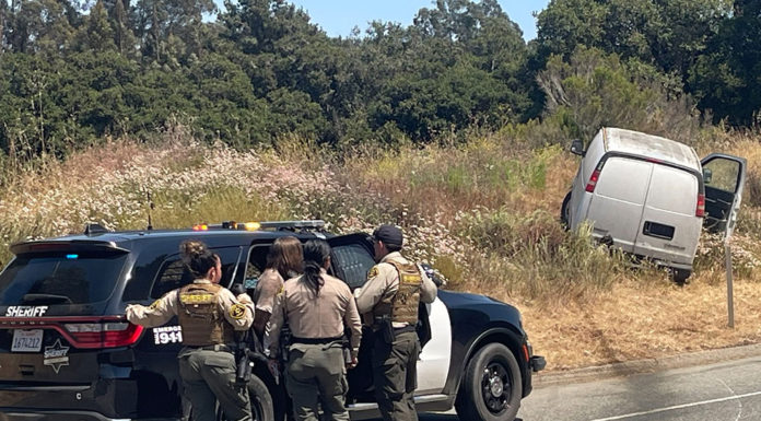 Burglary suspect arrested after chase sheriffs look on at van that skidded off the road